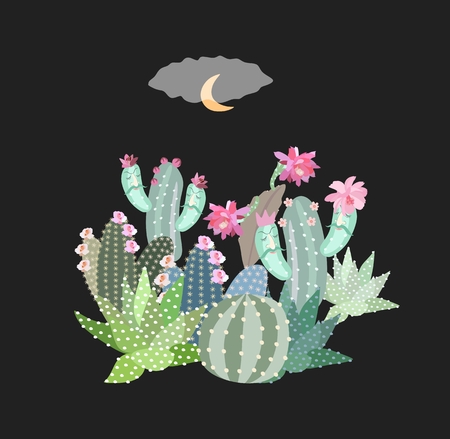 Funny thickets of blooming cacti on a black background in the vector. Cute cartoon illustration.のイラスト素材