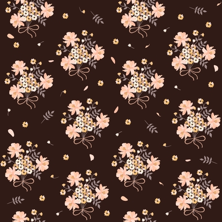 Calico print with country meadow flowers.  Cute bunches, leaves, buds and petals on brown background.のイラスト素材