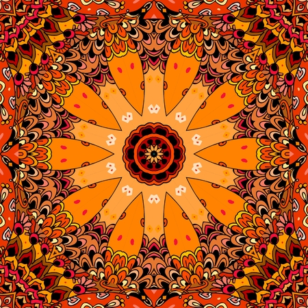 Ethnic seamless pattern with stylized wheel on motley ornamental background. Bandana print, carpet, wrapping design.のイラスト素材
