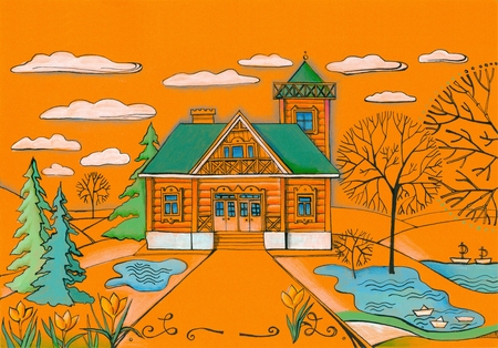 Spring day in village. Hand drawn image with wooden house with green roof  house on orange paper.の写真素材