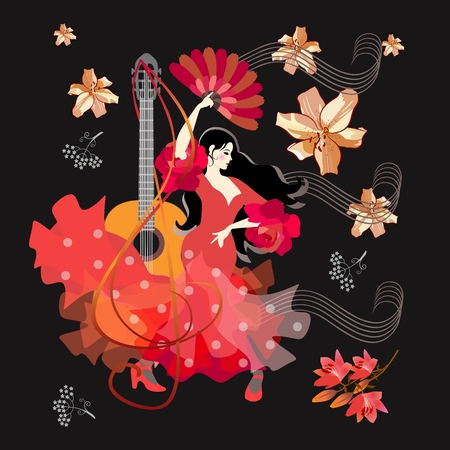 Spanish girl dressed in red dress, with fan in her hands, dancing flamenco against black background with falling flowers. Guitar, stylized treble clef and musical rulers in the form of whirlwind.のイラスト素材