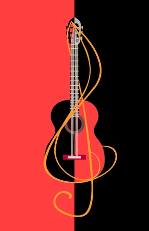 Black and red guitar entwined with a treble clef on a two-color background. Musical.のイラスト素材
