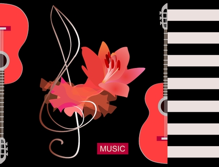 Flamenco musical. Luxury red piece of cloth, big lily flower and silhouette half of guitars on black background. Concert banner template, greeting or invitation card.のイラスト素材