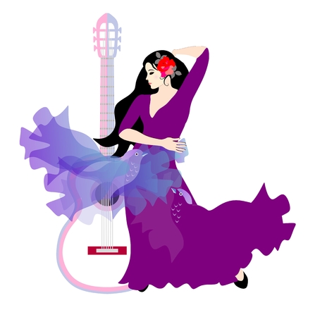 The girl and the birds. Spanish flamenco dancer with guitar and  a bird-shaped shawl isolated on white background.のイラスト素材