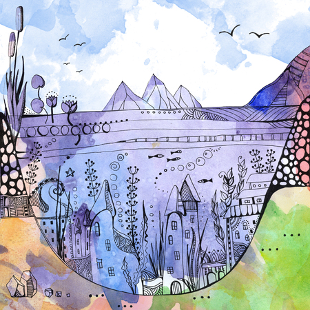 Underwater town. Houses among seaweed on bottom of the lake. Fantasy watercolor drawing.の写真素材