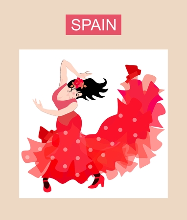 Spanish flamenco dancer - girl dressed in long red polka dot dress. Beautiful collection.のイラスト素材