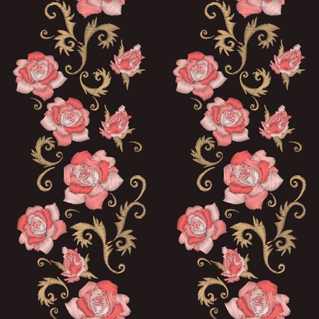 Vertical stripes with embroidery rose flowers. Seamless pattern. Fashion print. Vector embroidered floral design.のイラスト素材