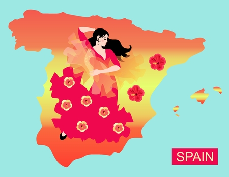 Map of Spain in Spanish flag colors and flamenco dancer girl with manton in shape of bird.のイラスト素材