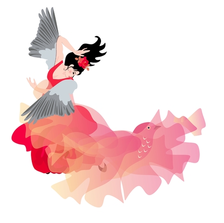 Winged girl dancing flamenco with a shawl in the form of a flying bird. Beautiful card. Space for text.のイラスト素材
