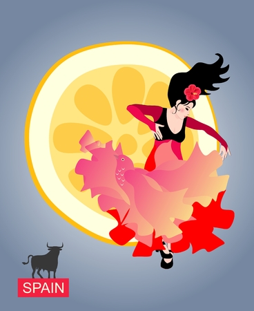 Spanish girl with a shawl, like a flying bird, dancing flamenco against the rising sun in the form of a piece of lemon. Beautiful card. Little black bull, unofficial symbol of Spain.のイラスト素材