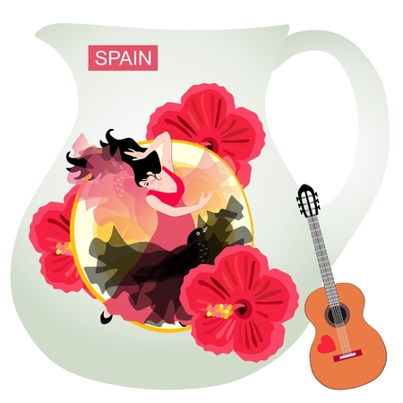 Symbols of Spain. A pitcher for sangria with a drawn girl dancing flamenco against the backdrop of a huge piece of lemon and hibiscus flowers. Little spanish guitar is leaning against a jug.のイラスト素材