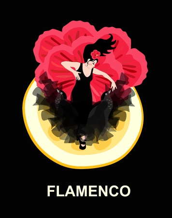 Spanish dancer dressed in a black dress with a hem in the shape of flying birds dancing flamenco against the backdrop of a huge piece of lemon and red hibiscus flowers.のイラスト素材