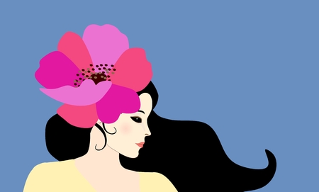 Beautiful brunette woman profile portrait isolated on blue background. Big bright pink poppy in her hair. Flyer.のイラスト素材