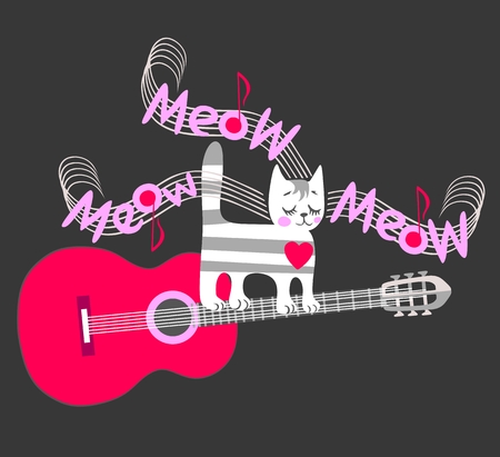 Funny print for a t-shirt or invitation card for a music party. A cute tabby kitten paws the strings of the guitar and sings "Meow! Meow!". Isolated on black background.のイラスト素材