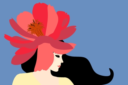 Beautiful stylish caucasian girl with big red cosmos flower as a hat on her head. Profile portrait isolated on blue background. Luxury collection.のイラスト素材