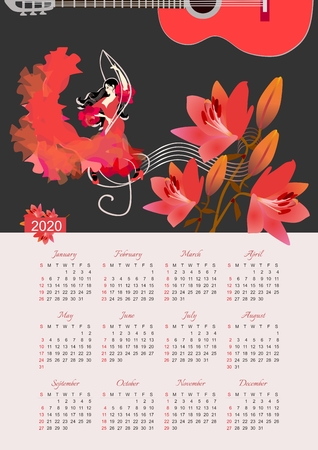 Calendar for 2020 year. Beautiful vector template. Treble clef and sheet music, girl in red dress dancing flamenco, beautiful bouquet of lilies and half of the silhouette of guitar against blackのイラスト素材