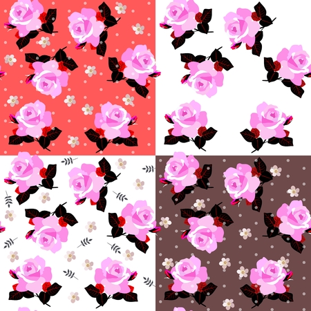 Beautiful collection of four seamless ditsy floral pattern with pink roses on various backgrounds.のイラスト素材