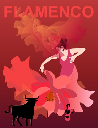 Woman in a red dress dancing flamenco on a red background. The translucent manton, thrown upwards, looks like a flying bird. Black bull silhouette as unofficial symbol of Spain.のイラスト素材
