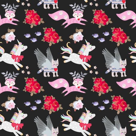 Seamless animal pattern for children. Unicorns, winged kittens and funny horned foxes, flowers and birds isolated on black background.のイラスト素材