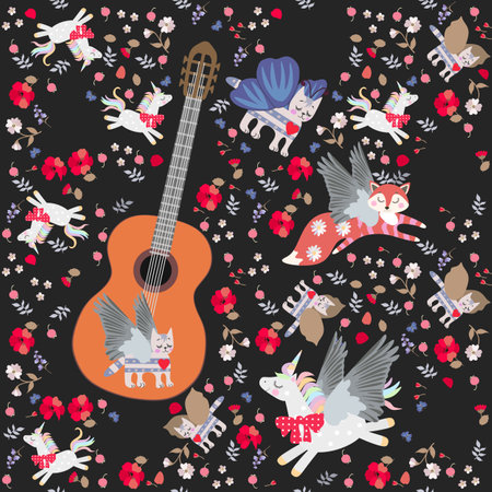 Fantasy seamless pattern with big wooden guitar and little magic animals: winged cat, pegasus and fox, tiny berries and flowers on black background.のイラスト素材