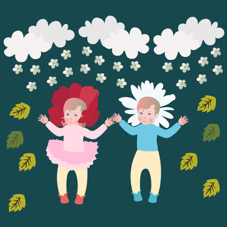 Funny little boy and girl in hats flowers isolated on dark green background. It's twins. Baby shower invitation or happy birthday greeting card. Beautiful vector design.のイラスト素材