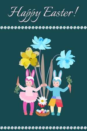 Happy Easter greeting card with basket of eggs, beautiful flowers and lovely children in a bunny costumes. Vector spring design.のイラスト素材