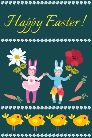 Happy Easter greeting card with funny little girl and boy in a bunny costumes, chickens, flowers and carrots. Spring vector design.のイラスト素材