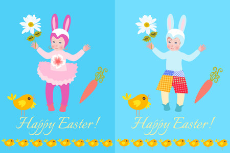 Set of Happy Easter greeting cards with lovely boy and girl in a buuny costumes. Beautiful spring vector design.のイラスト素材