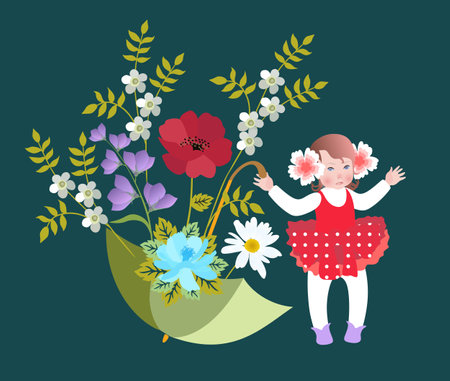 Cute little girl and umbrella with beautiful garden flowers. Spring vector design.のイラスト素材