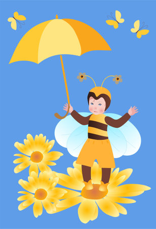Baby shower or Happy birthday greeting card with little boy in a bee costume on big marigold flower. Vector summer design.のイラスト素材