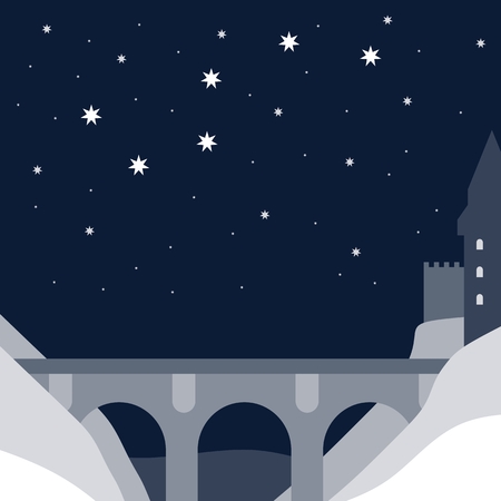 Night landscape with a bridge and medieval fortress town on the shore. Vector card.のイラスト素材