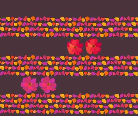 Seamless pattern. Strips of petals and bright cosmos flowers on a dark purple background. Print for fabric.のイラスト素材