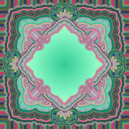 Beautiful bandana print with luxury ornamental frame in ethnic style. Indian, arabian, turkish motifs.のイラスト素材