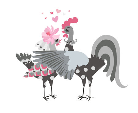Beautiful greeting or invitation card with little hearts and rooster and chicken as bride and groom.のイラスト素材