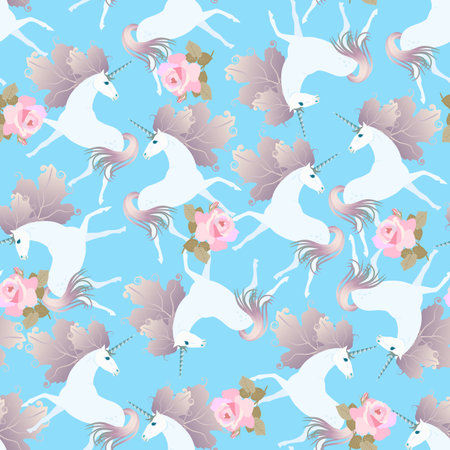 Seamless pattern with gentle pink roses and cute unicorns with manes in shape of viburnum leaves in blue sky. Print for fabric, wallpaper.のイラスト素材