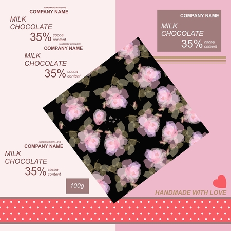 Chocolate bar package design with  light pink roses on black background and little red heart on pink backdrop. Easy editable packaging template.のイラスト素材