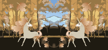 Autumn forest landscape with two magic unicorns with manes in shape of viburnum leaves. Pattern in beige and golden tones. Print for fabric, wallpaper, endless border. Carpet. Grunge background.のイラスト素材