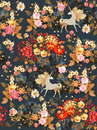 Seamless pattern with fairy unicorns and fabulous birds in the blooming garden at night. Print for fabric, wallpaper.のイラスト素材