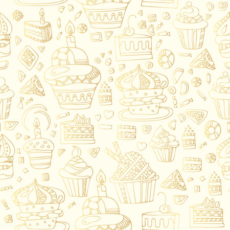 Sweet seamless pattern with cupcakes, cakes, cookies, candies and hearts in golden colors. Tasty food.のイラスト素材