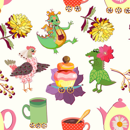 Seamless pattern for kids with funny hen, dino and crocodile gathered at a tea party. Print for fabric, wallpaper.のイラスト素材