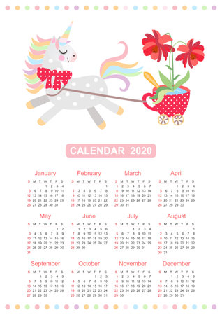 Cute calendar for 2020 year with small horse - unicorn harnessed to cart in the form of red cup on castors with large beautiful flower in itのイラスト素材