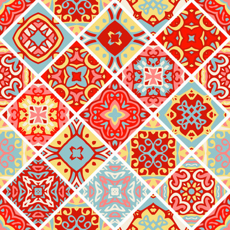 Bright seamless patchwork design with different patterns. Ceramic tiles.のイラスト素材