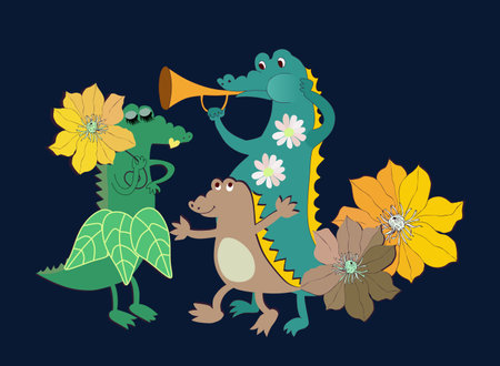 Cute birthday card with crocodiles family and flowers on black background.のイラスト素材