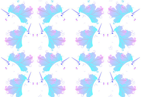 Luxury seamless symmetry pattern with cute white unicorns with light blue mane in shape of autumn leaves. Print for fabric.のイラスト素材