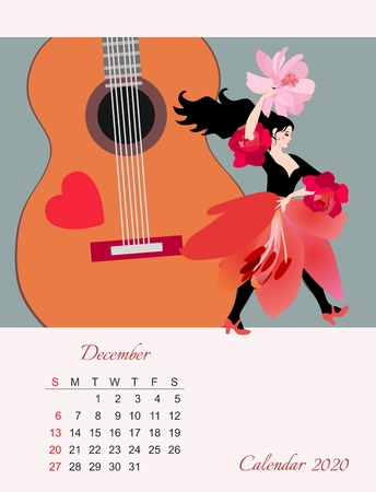 Girl dancing flamenco in red dress and stylized guitar with red heart. Beautiful template of december month. Calendar for 2020 year. Week starts on sunday.のイラスト素材