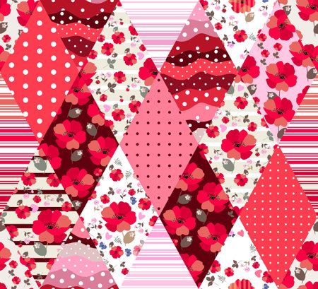 Patchwork seamless pattern from rhombus patches with floral and geometric ornament. Bright quilt design in red colors.のイラスト素材