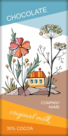 Chocolate bar packaging with beautiful fairy house under big flowers. Magic town. Vector design.のイラスト素材