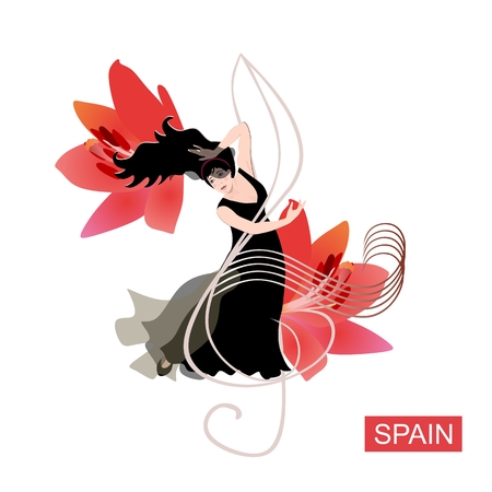 Beautiful spanish flamenco dancer in black dress dancing on treble clef against huge red lily flowers. Luxuty logo, poster, banner, invitation card.のイラスト素材