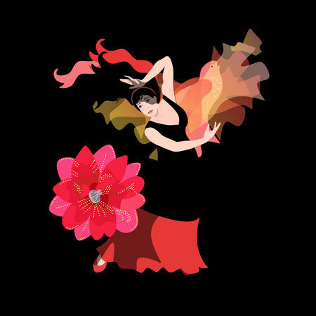 Flamenco night beautiful poster with young spanish girl with manton in shape of flying bird on black background.のイラスト素材