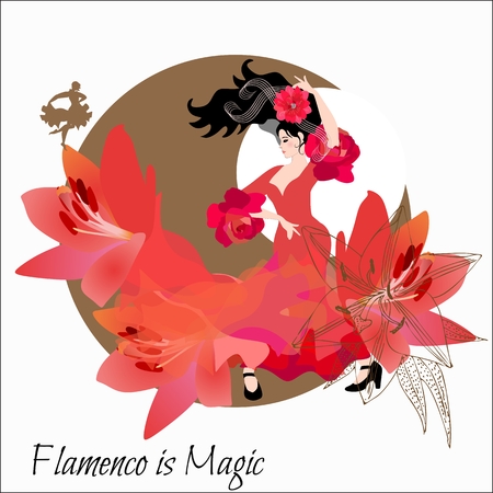 Young spanish girl in red dress, decorated huge lily flowers, dances flamenco against golden moon silhouette on white background. Text "Flamenco is magic".のイラスト素材